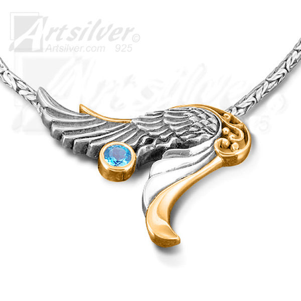 Angel Wing pendant Silver and Gold with Gemstone