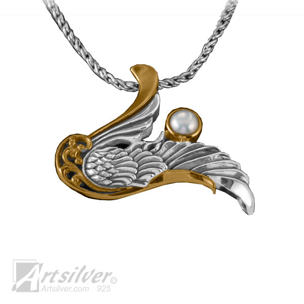 Angel Wing pendant Silver and Gold with Gemstone