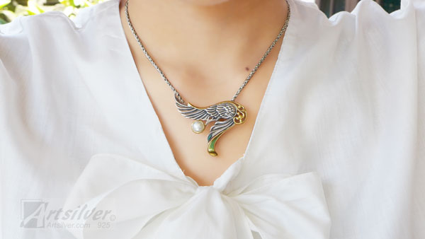 Angel Wing pendant Silver and Gold with Gemstone