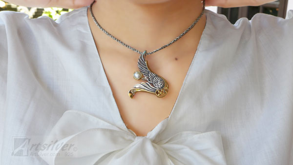 Angel Wing pendant Silver and Gold with Gemstone