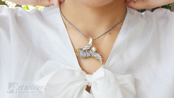 Angel Wing pendant Silver and Gold with Gemstone