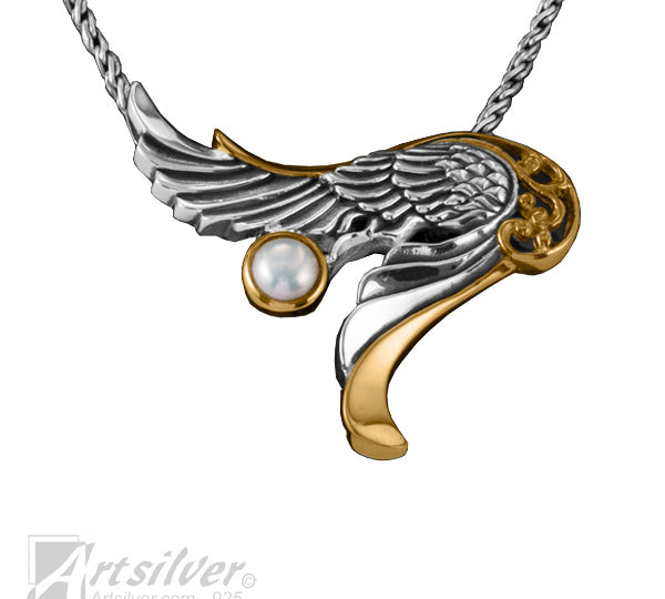 Angel Wing pendant Silver and Gold with Gemstone