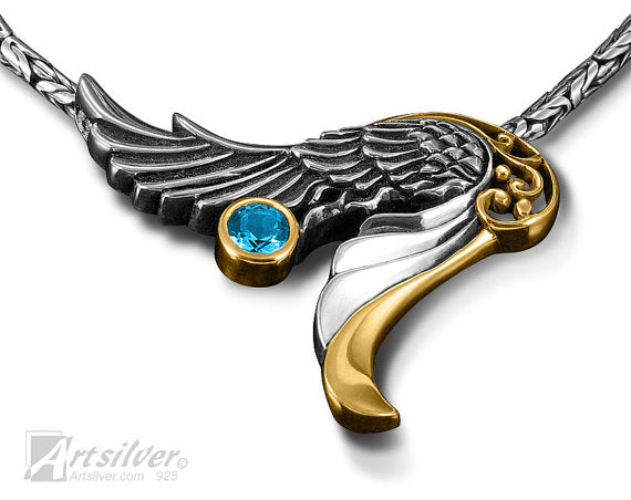 Angel Wing pendant Silver and Gold with Gemstone
