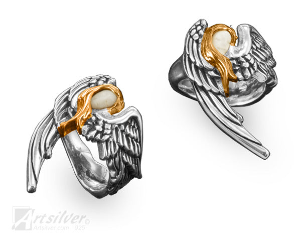 Deer Antler Angel Wing Silver Ring with 14k Gold Overlays