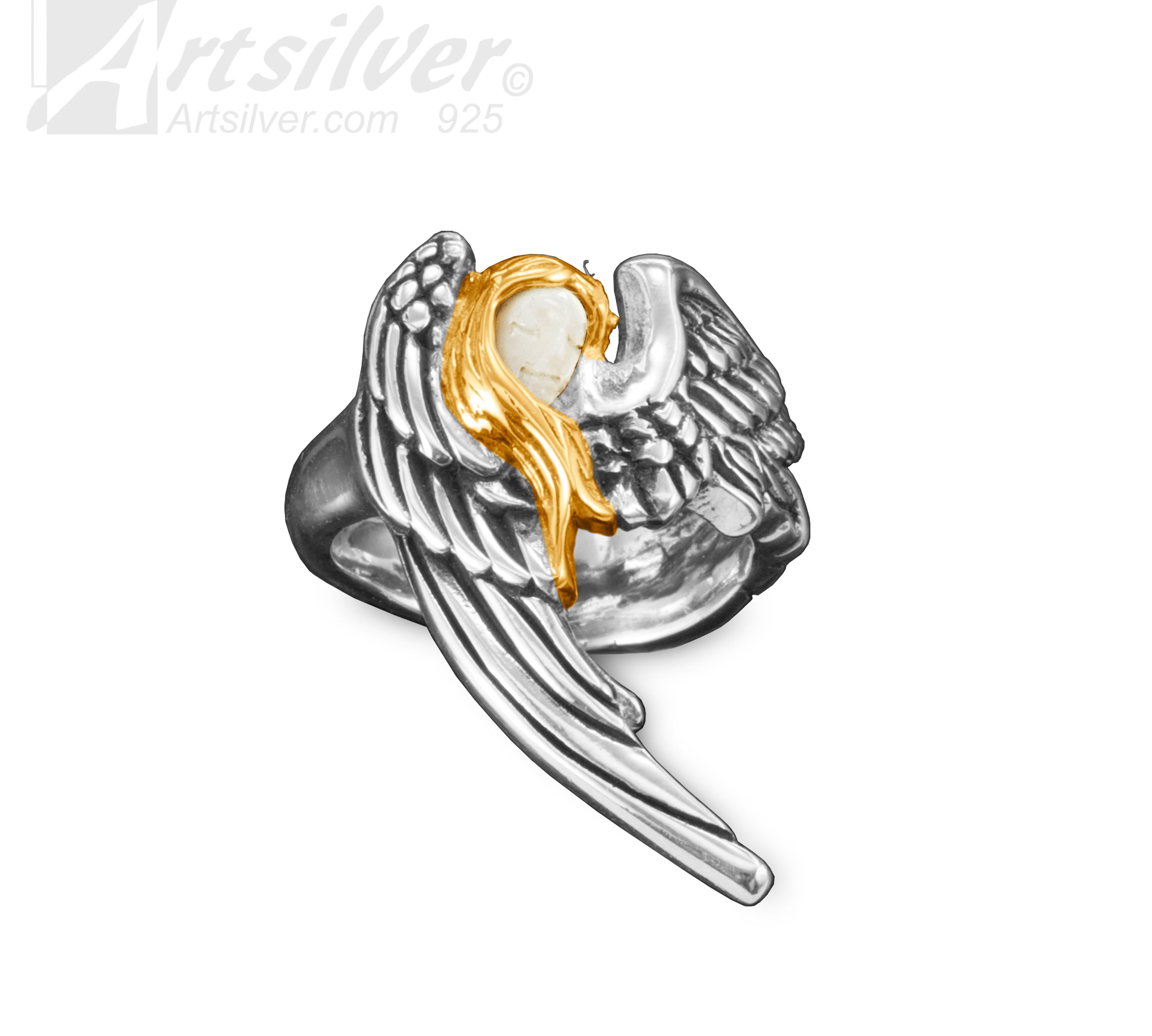 Deer Antler Angel Wing Silver Ring with 14k Gold Overlays