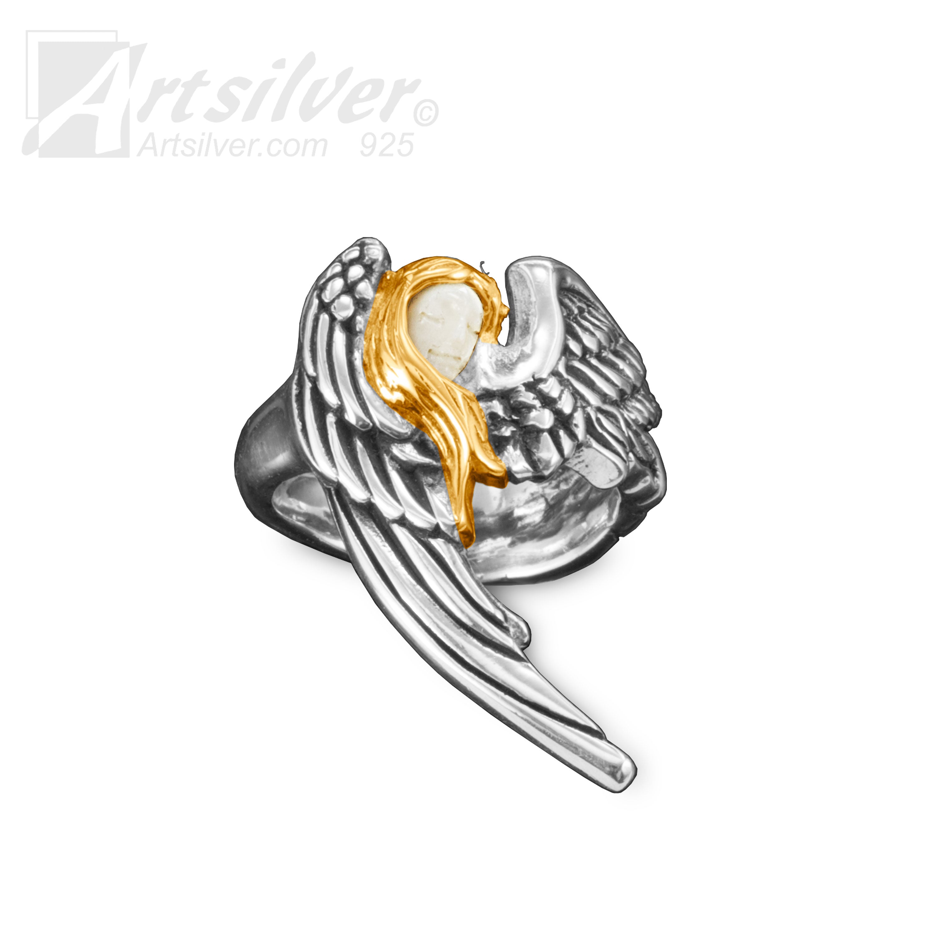 Deer Antler Angel Wing Silver Ring with 14k Gold Overlays